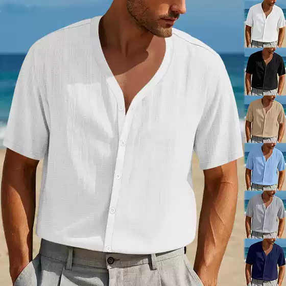 Summer Textured Linen-Like Men T-Shirt Loose Fit Casual Top