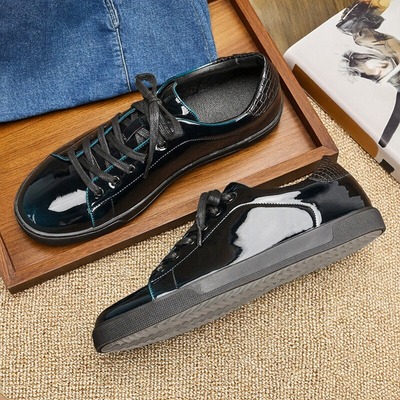 Patent Low Top Casual Men Distressed Shoes Leather Sneakers
