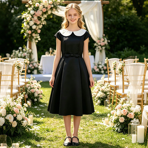 Teen Girls Dress Elegant Black Short Sleeve Formal Gown