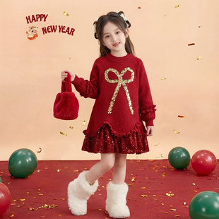 女童新年卫衣裙冬季2025新款儿童加绒公主裙冬装女孩红色拜年裙子