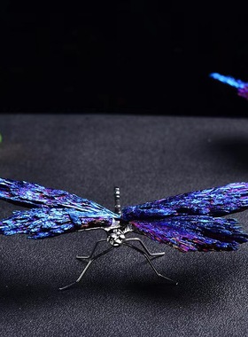 天然黑碧玺晶石彩色蜻蜓创意摆件样板间茶几床头柜蓝色晶石装饰品