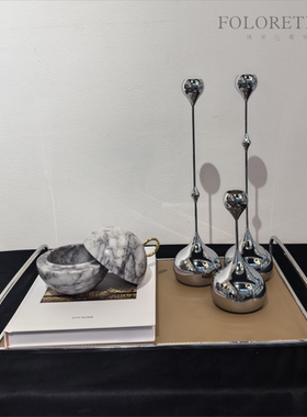 现代轻奢简约样板间茶几组合创意摆件不锈钢烛台三件套大理石摆件