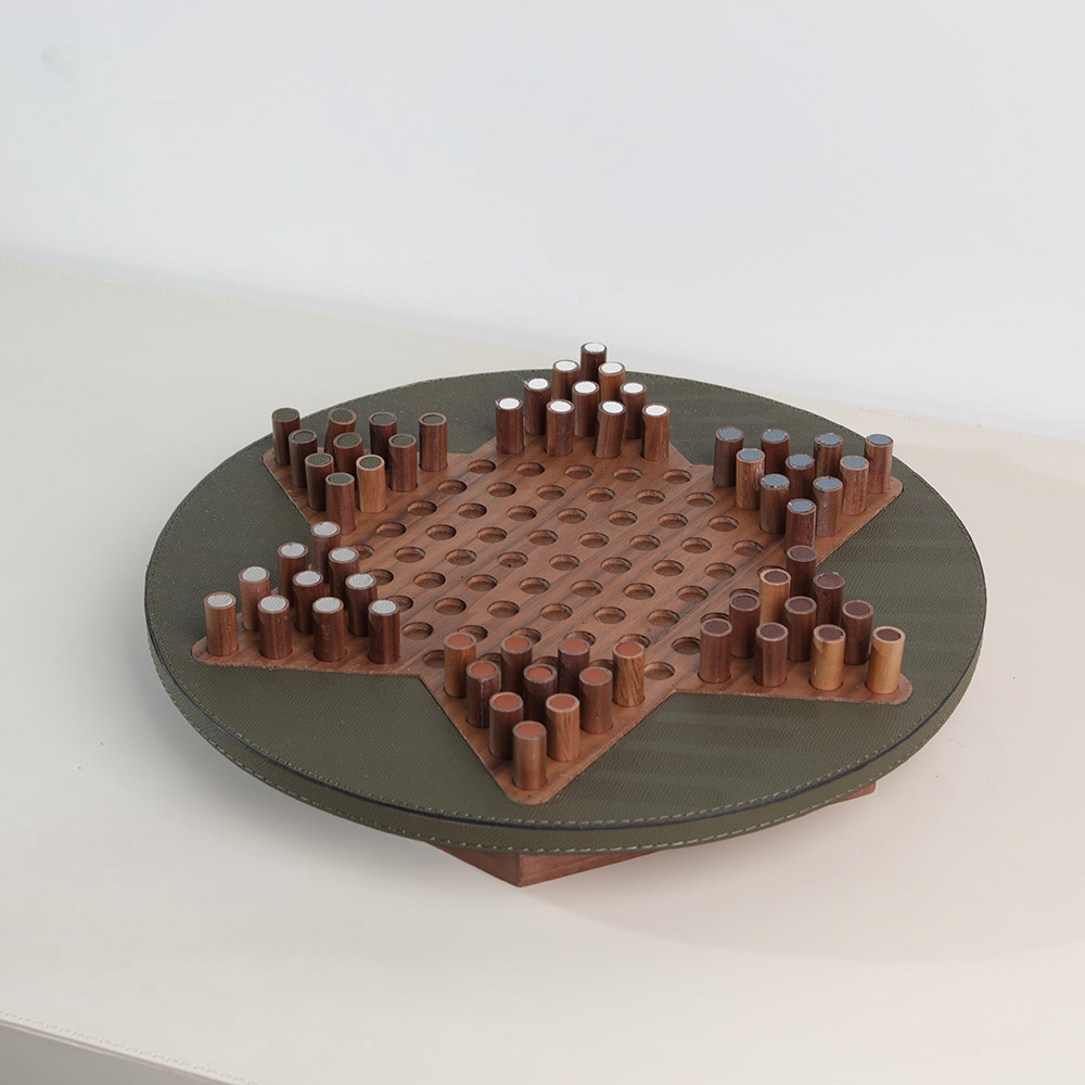现代简约实木皮革跳跳棋创意摆件装饰摆件