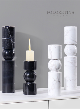 现代轻奢简约天然黄洞石大理石几何圆柱组合烛台样板间餐桌装饰品