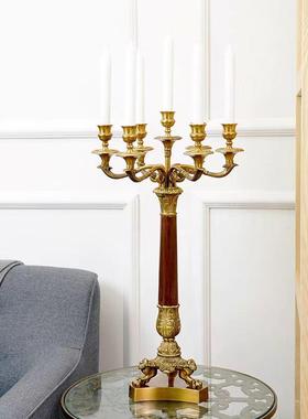 美式法式印度进口芒果木黄铜多头烛台高端别墅餐厅纯铜高级烛台