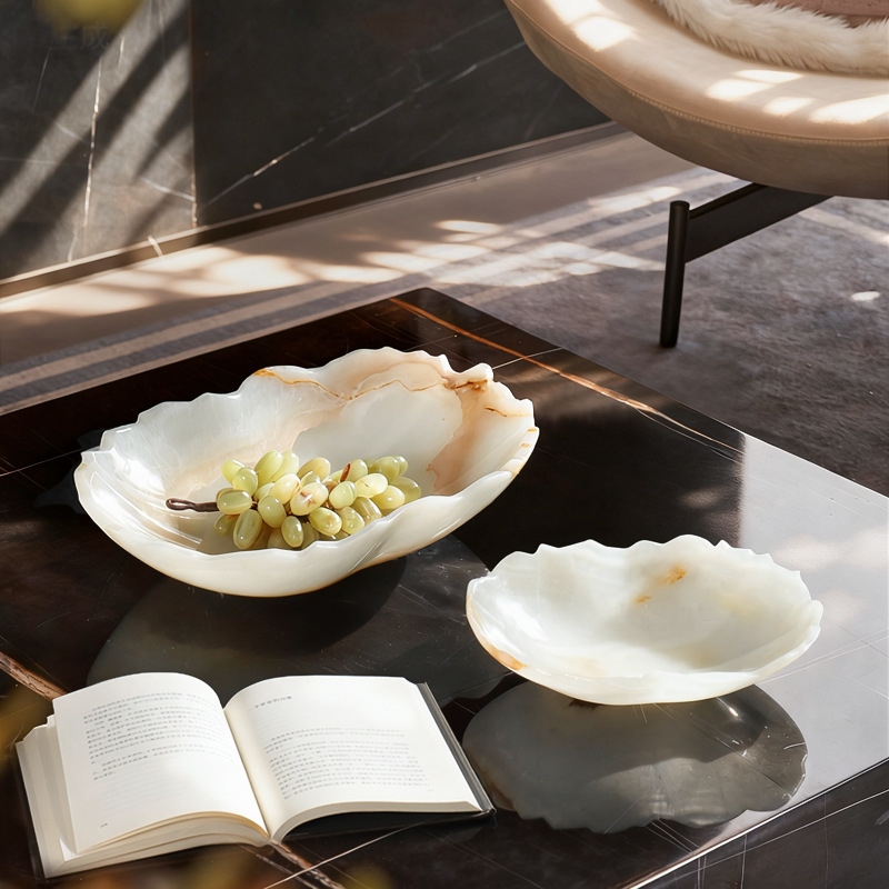 中古风复古风天然玉石创意果盘摆设样板间高端少众水果盘装饰品