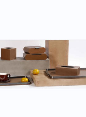 现代轻奢简约高档皮革创意托盘样板间茶几收纳盒直径盒装饰品摆设