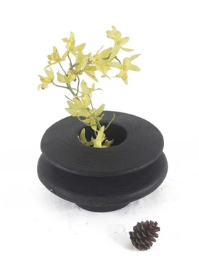 侘寂风复古原生态碳化木花器创意摆件新中式民宿样板间实木花瓶