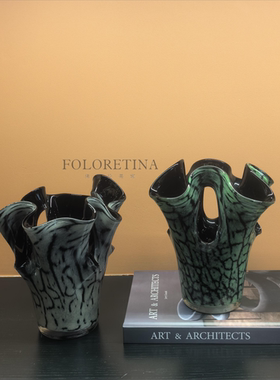 中古风手工琉璃镂空艺术原创异形花器样板间桌面复古玻璃花瓶摆设