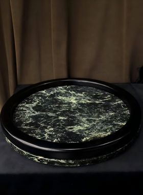 中古风简约天然奢石实木高级托盘样板间售楼处小众石材实木收纳盘