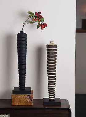 侘寂风复古原生态碳化木几何花器摆件样板间新中式玄关实木花瓶