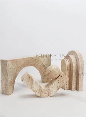 现代轻奢天然洞石不规则几何创意拱门装饰摆件样板间客厅装饰品