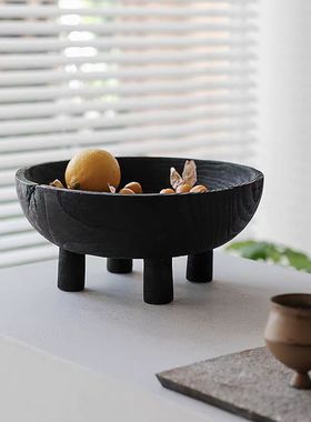 新中式原生态碳化木果盘装饰摆件样板间侘寂风茶几实木果篮装饰品