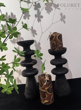 样板间新中式侘寂风原生态碳化木烛台摆件中古风创意实木蜡烛台