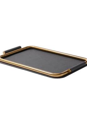 现代简约不锈钢皮革高端托盘样板间售楼处金属高级托盘收纳盘摆设