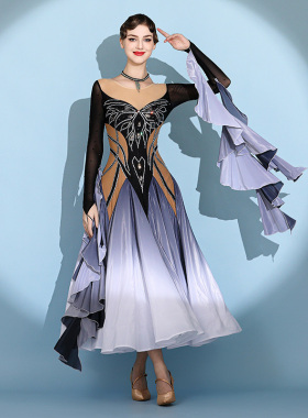 黑标蝴蝶！国标摩登舞服装大摆连衣裙定制华尔兹S7101 镶钻表演服