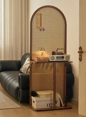 复古藤编屏风卧室床头客厅玄关中法式沙发入户隔断移动置物书架柜