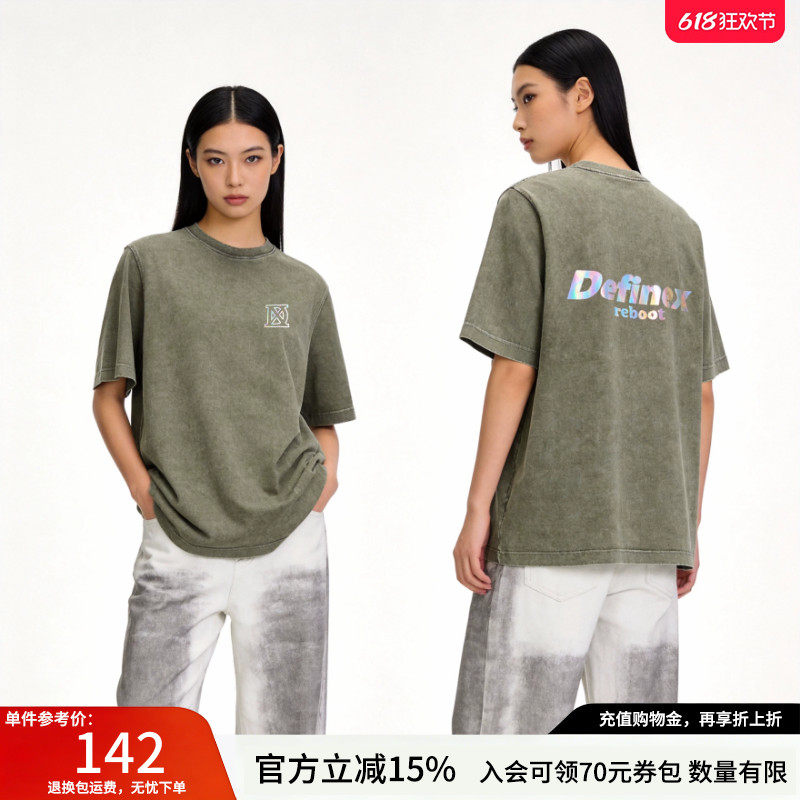 DEFINEX水洗精梳棉透气镭射字母LOGO休闲街头短袖圆领宽松T恤上衣