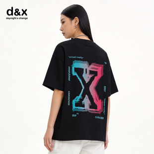 dx纯棉oversize短袖T恤男女同款渐变X印花宽松圆领2026春夏新品