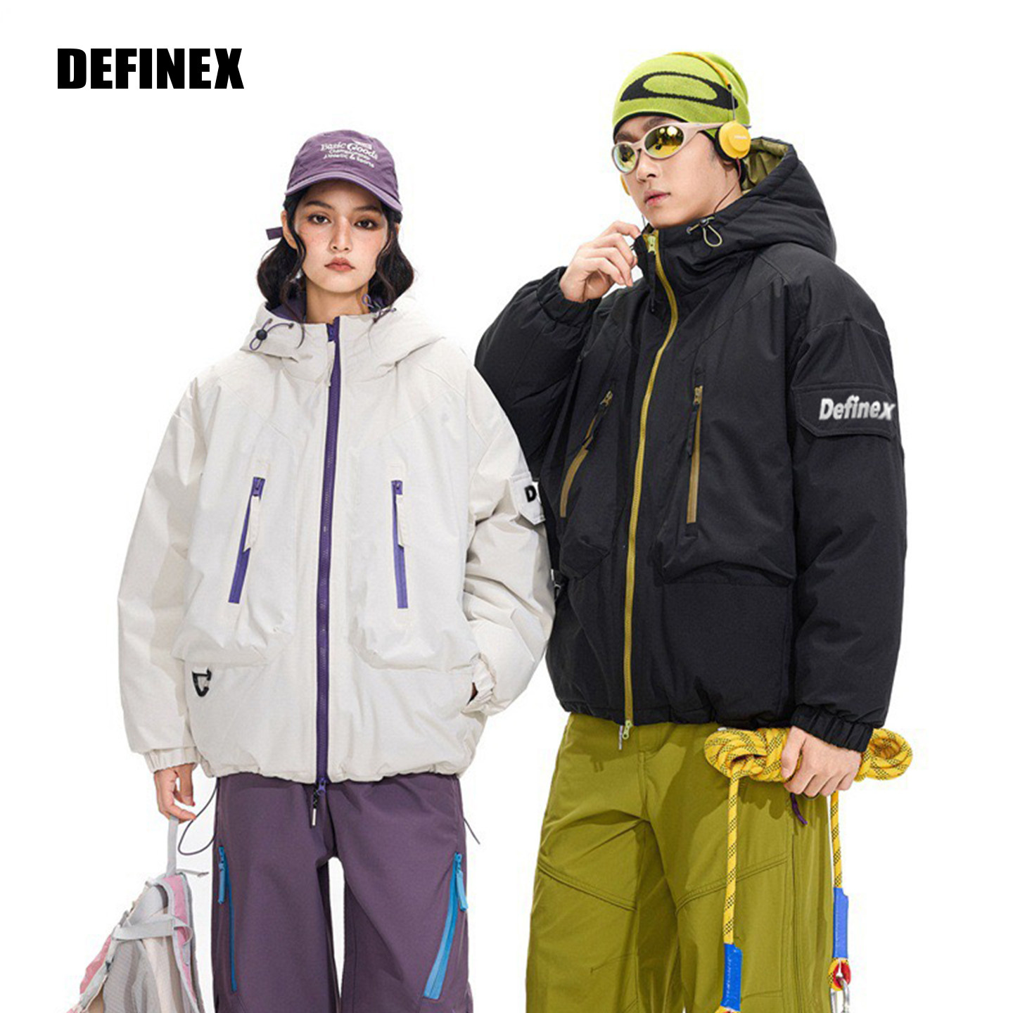 DEFINEX秋冬撞色连帽棉服男女款宽松外套