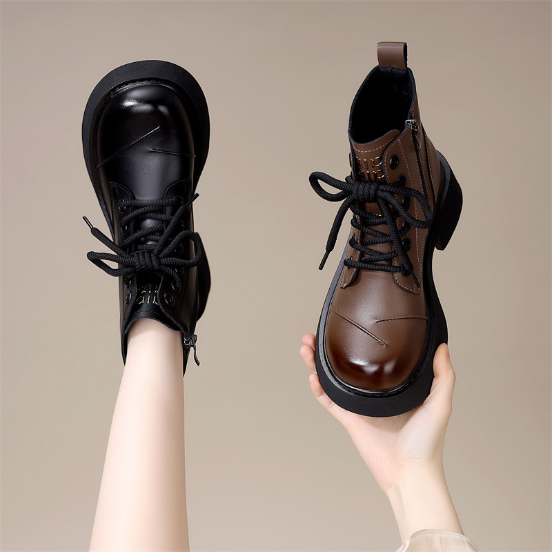 真皮厚底马丁靴女2025新款秋冬加绒英伦风时尚百搭圆头短靴侧拉链