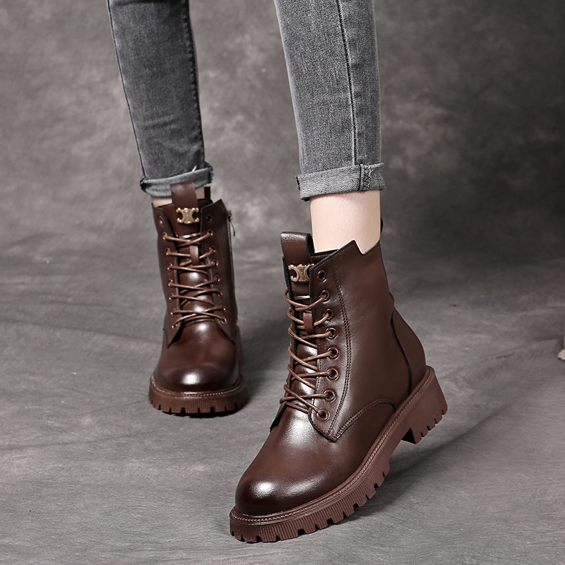 棕色马丁靴女2025年新款秋冬加厚加绒平底大棉鞋真皮显脚小大码41