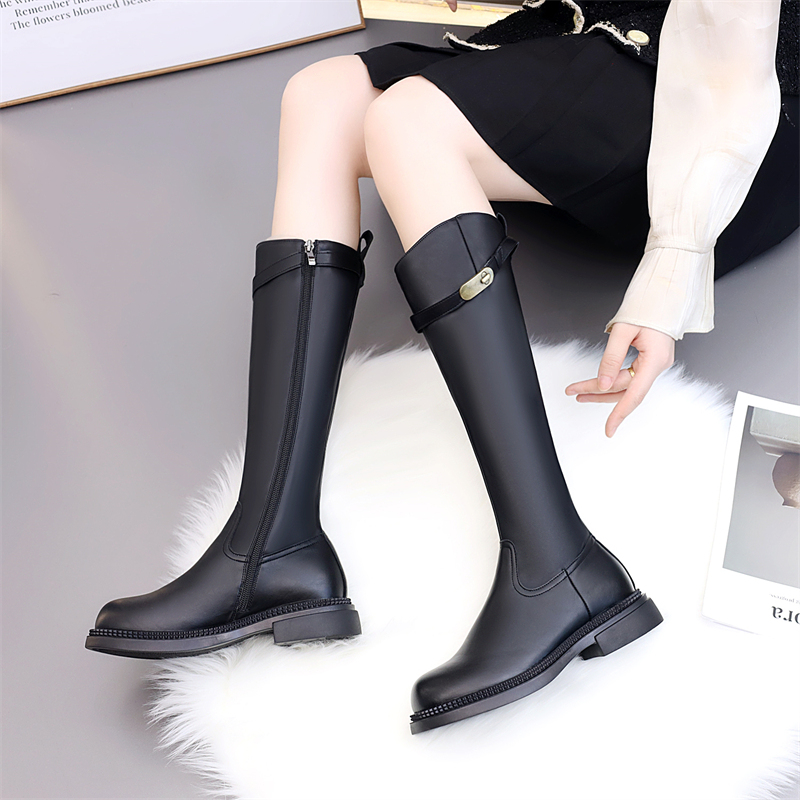 侧拉链长筒靴女百搭英伦风软底