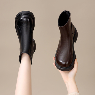 平底圆头瘦瘦靴2025新款 加绒英伦风软底轻便百搭短靴女真皮 秋冬季
