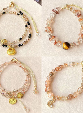 天然黑金超七手链时尚复古黑铜条发晶切面圆珠多圈可调节热卖爆款