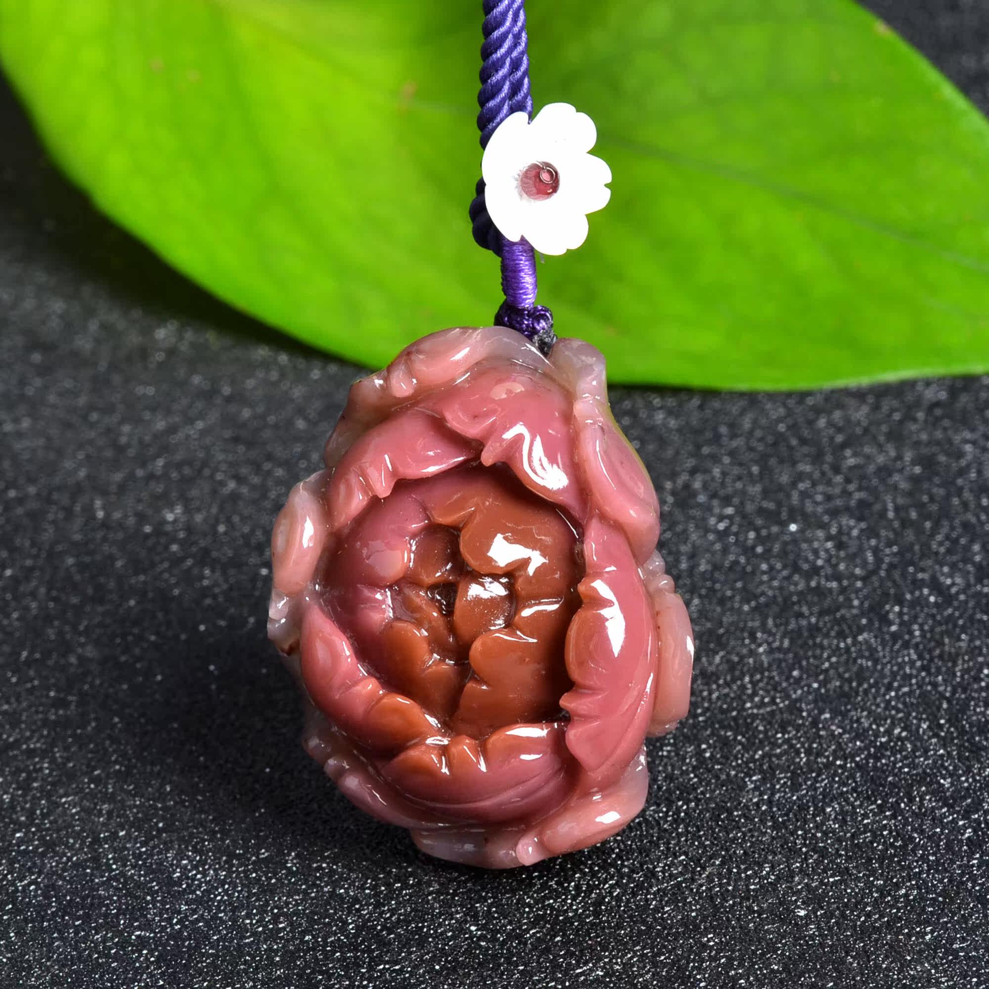 正品苏州精工纯天然五彩盐源玛瑙俏色牡丹花吊坠挂件七彩南红玛瑙