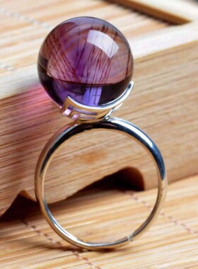 收藏品全净体天然水晶紫发晶转运珠戒指紫水晶紫罗兰色925银16mm