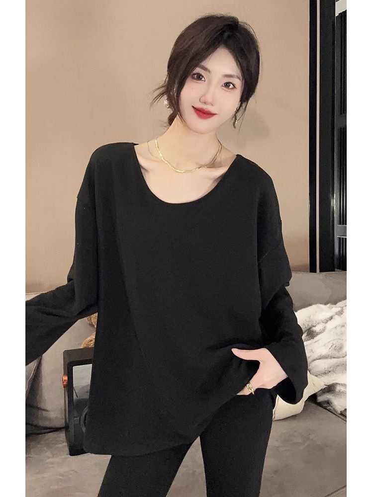 双面德绒纯色U领磨毛打底衫女2023秋冬新款宽松显瘦长袖T恤上衣潮