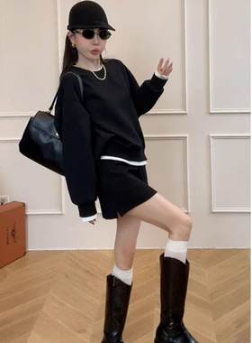 初秋穿搭一整套女初秋新款灰色圆领宽松假两件卫衣半身裙子两件套
