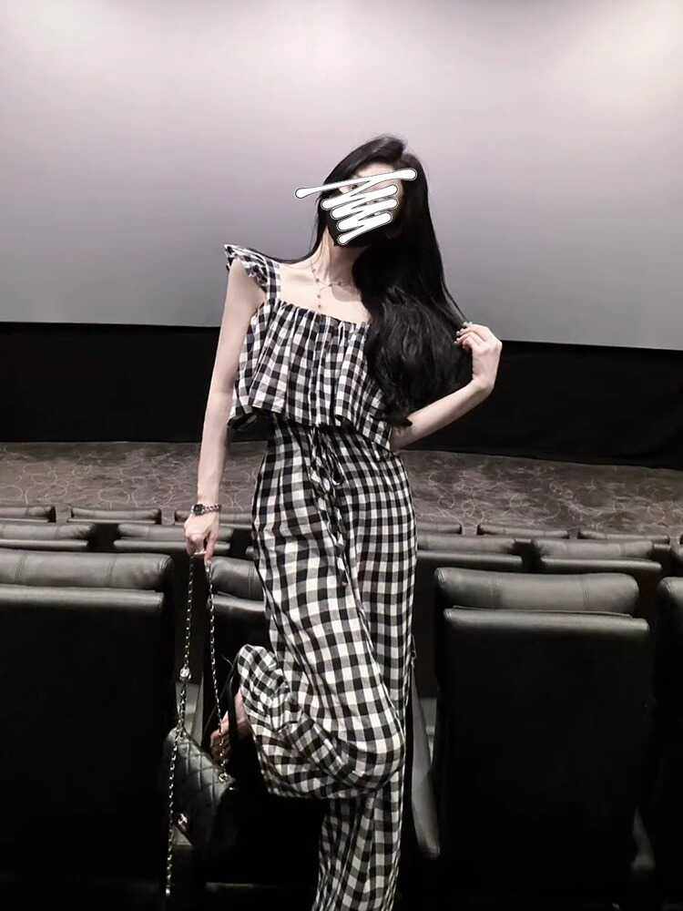 黑白格独特飞飞袖连体裤女2024夏季新款休闲裤女吊带时尚连身裤子