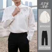 修身 衬衣中国风内搭打底衬衫 上衣男 春秋立领刺绣白色长袖 明星同款
