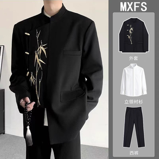 国风折枝金竹刺绣新中式西服外套国潮男装新郎结婚礼服订婚中山装