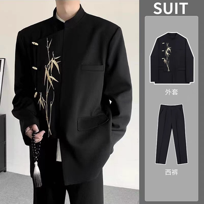 国风折枝金竹刺绣新中式西服外套国潮男装新郎结婚礼服订婚中山装