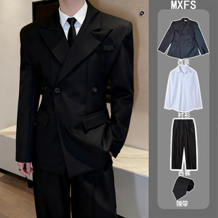 潮流休闲西服套装 时尚 外套男春季 英伦风收腰立体廓形黑色垫肩西装