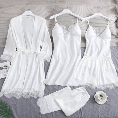 Sexy Full Slip Lace White Silk Pajamas Set Women Chemise Bri