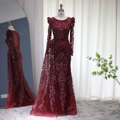 Sharon Said Luxury Dubai Burgundy Mermaid  Evening Dress Ove