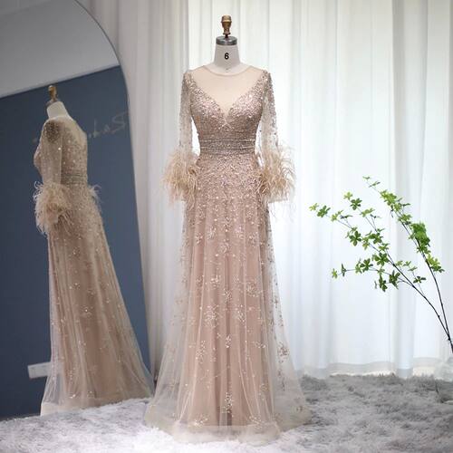 Elegant Champagne Feathers Long Sleeves Evening Dresses Luxu