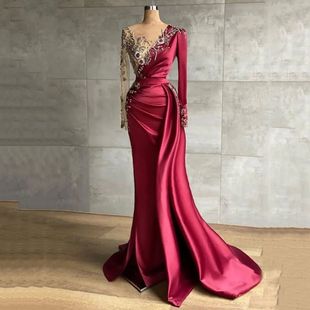 BridalAffair Burgundy Evening Dress For Party Satin Beaded P