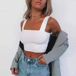 Fashion Square Neck Sleeveless Summer Crop Top White Women B