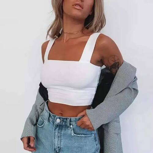 Fashion Square Neck Sleeveless Summer Crop Top White Women B