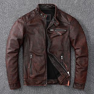Classic Biker Genuine Brown Slim Coat Short Vintage Style