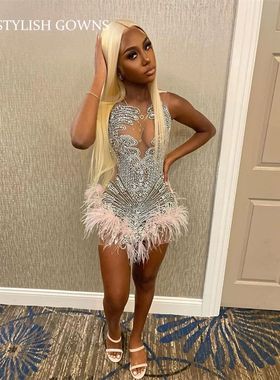 Sparkly Sheer O Neck Short Prom Dress Beaded Crystal Diamond