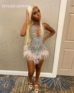 Sparkly Sheer O Neck Short Prom Dress Beaded Crystal Diamond