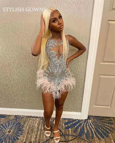 Sparkly Sheer O Neck Short Prom Dress Beaded Crystal Diamond