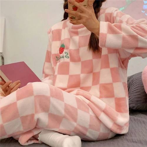 2 Pieces /Sets Winter Pajamas Sets Women Thicken Warm Flanne