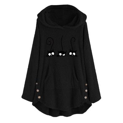 Hoodies Women Fleece Cat Embroidery Large size Warm Hoodie T